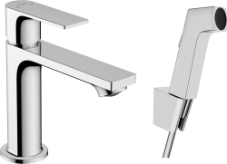 hansgrohe Rebris E Tek kollu lavabo bataryası 110 bidette el duşu ve duş hortumu 160cm ile kumandasız Krom