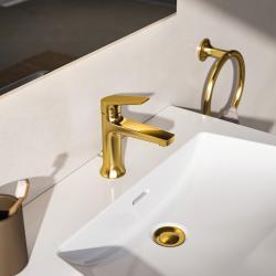Ideal Standard La Dolce Vita Lavabo Bataryası 52x170x178 mm, 118 mm çıkış ucu projeksiyonu, 3.8 l/dk (3 bar), sifon kumandalı Fırçalanmış Altın uygulama örneği