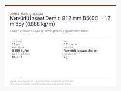 Nervürlü İnşaat Demiri Ø12 mm B500C — 12 m Boy (0,888 kg/m)