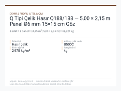 Q Tipi Çelik Hasır Q188/188 — 5,00 × 2,15 m Panel Ø6 mm 15×15 cm Göz