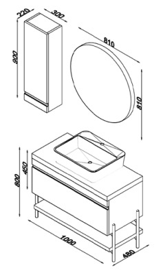 Lineart Style 1010 Lavabolu Modül + Dolce Ø80 Metal Çerçeveli Led Ayna Modül 100 cm Agate Gri-Gri uygulama örneği
