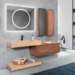 Lineart Form 1400 Ahşap Kaplamalı HPL Lavabo Modül + Form Buğu Önleyici Led Ayna Modül 140 cm Ceviz Dolap Kahve Oxid Tezgah uygulama örneği