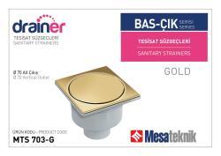 Mesa Teknik MTS 700 Basçık Serisi Tesisat Süzgeci — 10x10 cm, Alt Çıkış Ø50 mm, Altın Kaplama