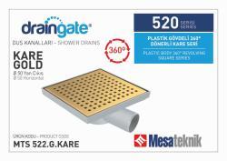 Mesa Teknik MTS 520 Plastik Gövdeli 360° Dönerli 20x20 cm Kare Duş Süzgeci — Yan Çıkış Ø50 mm, Kare Desen, Altın Kaplama Izgara