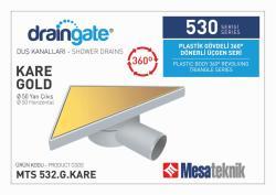 Mesa Teknik MTS 530 Plastik Gövdeli 360° Dönerli 20 cm Üçgen Duş Süzgeci — Yan Çıkış Ø50 mm, Dolu Desen, Altın Kaplama Izgara