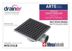 Mesa Teknik Drainer Arte Serisi Tesisat Süzgeci (MTS 500 / 510) — 15x15 cm, Yan Çıkış Ø70 mm, Mat Siyah Izgara
