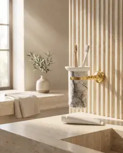 Pure Concept Sharp Calacatta Montajlı Diş Fırçalık Gri mermer desen uygulama örneği