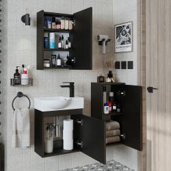 Roomart Punto Lavabolu Banyo Dolabı 3'lü Set 46,5 cm Ahşap Dokulu Siyah Aynalı Dolaplı Sağ uygulama örneği