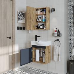 Roomart Punto Lavabolu Banyo Dolabı Takımı 2'li Set 46,5 cm Atlas Çam-Antrasit Aynalı Dolaplı Sol uygulama örneği