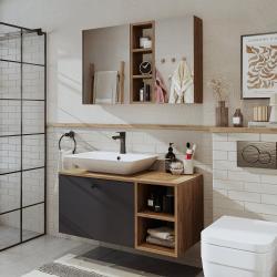 Roomart Lotus Banyo Dolabı 2'li Takım + Dikdörtgen Çanak Lavabo 95 cm Atlas Çam-Antrasit uygulama örneği