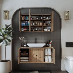 Roomart Gusto Banyo Dolabı 2'li Takım + Dikdörtgen Çanak Lavabo 105 cm Atlas Çam uygulama örneği