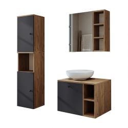 Roomart Lotus Lavabolu Banyo Dolabı 3lü Set 65 cm Atlas Çam-Antrasit Yuvarlak Çanak Lavabo