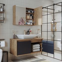 Roomart Atlantic Lavabolu Banyo Dolabı 2'li Set 100 cm Atlas Çam-Antrasit uygulama örneği