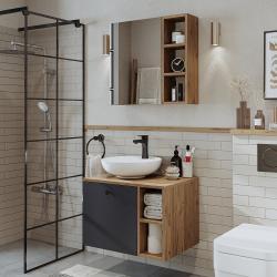 Roomart Lotus Banyo Dolabı 2'li Takım + Yuvarlak Çanak Lavabo 65 cm Atlas Çam-Antrasit uygulama örneği