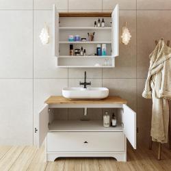 Roomart Aria Lavabolu Banyo Dolabı Takımı 2'li Set 100 cm Atlas Çam-Beyaz Oval Çanak Lavabo uygulama örneği