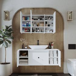 Roomart Gusto Banyo Dolabı 2'li Takım + Dikdörtgen Çanak Lavabo 120 cm Beyaz uygulama örneği