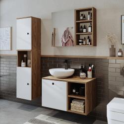 Roomart Lotus Lavabolu Banyo Dolabı 3'lü Set 75 cm Atlas Çam-Beyaz Yuvarlak Çanak Lavabo uygulama örneği