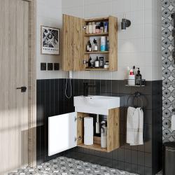 Roomart Punto Lavabolu Banyo Dolabı Takımı 2'li Set 46,5 cm Atlas Çam-Beyaz Aynalı Dolaplı Sol uygulama örneği