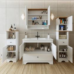 Roomart Aria Lavabolu Banyo Dolabı 4'lü Set 100 cm Atlas Çam-Beyaz Mobilya Uyumlu Lavabo uygulama örneği