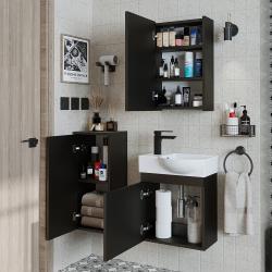 Roomart Punto Lavabolu Banyo Dolabı 3'lü Set 46,5 cm Ahşap Dokulu Siyah Aynalı Dolaplı Sol uygulama örneği