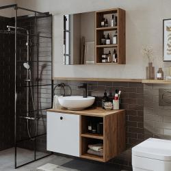 Roomart Lotus Banyo Dolabı 2'li Takım + Yuvarlak Çanak Lavabo 75 cm Atlas Çam-Beyaz uygulama örneği