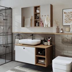 Roomart Lotus Banyo Dolabı 2'li Takım + Oval Çanak Lavabo 95 cm Atlas Çam-Beyaz uygulama örneği