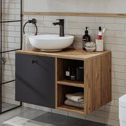Roomart Lotus Lavabolu Banyo Dolabı + Yuvarlak Çanak Lavabo 75 cm Atlas Çam-Antrasit uygulama örneği