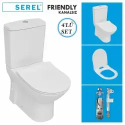 Serel Friendly Kanalsız Duvara Sıfır Klozet + Rezervuar + İç Takım + Blaze Slim Yavaş Kapanan Kapak 4lü Set