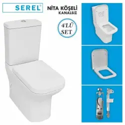 Serel Nita Köşeli Kanalsız Duvara Sıfır Klozet + Rezervuar + İç Takım + Zeta Yavaş Kapanan Kapak 4lü Set