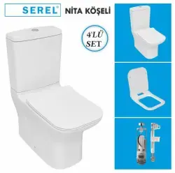 Serel Nita Köşeli Duvara Sıfır Klozet + Rezervuar + İç Takım + Zenith Slim Yavaş Kapanan Kapak 4lü Set