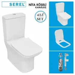 Serel Nita Köşeli Kanalsız Duvara Sıfır Klozet + Rezervuar + İç Takım + Zenith Slim Yavaş Kapanan Kapak 4lü Set