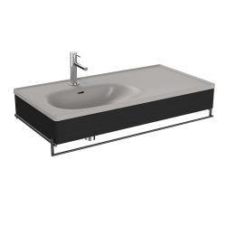 VitrA Equal Lavabo Dolabı — 100 cm asimetrik gri lavabolu, havluluklu, hareli siyah meşe
