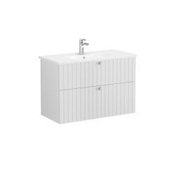 VitrA Root Groove Lavabo Dolabı — 100 cm, iki çekmeceli yuvarlak lavabo, mat açık gri