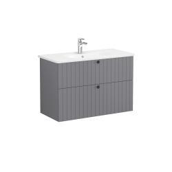 VitrA Root Groove Lavabo Dolabı — 100 cm, iki çekmeceli yuvarlak lavabo, mat gri
