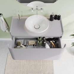 VitrA Glora Lavabo Dolabı — 100 cm, bir çekmeceli çanak lavabolu ve soft touch kaplamalı tezgahlı, mat taş gri