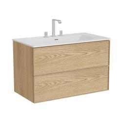 VitrA Metropole Edge Lavabo Dolabı — 100 cm, iki çekmeceli etajerli lavabolu, üç armatür delikli, açık meşe