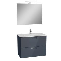 VitrA Mia Banyo Dolabı Seti — 80 cm, iki çekmeceli lavabo dolabı, aydınlatmalı düz ayna, parlak antrasit