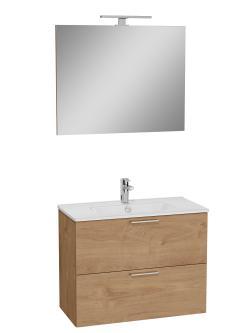 VitrA Mia Banyo Dolabı Seti — 80 cm, iki çekmeceli lavabo dolabı, aydınlatmalı düz ayna, altın meşe