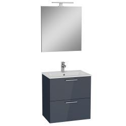 VitrA Mia Banyo Dolabı Seti — 60 cm, iki çekmeceli lavabo dolabı, aydınlatmalı düz ayna, parlak antrasit