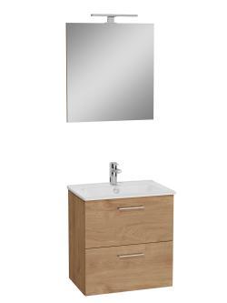 VitrA Mia Banyo Dolabı Seti — 60 cm, iki çekmeceli lavabo dolabı, aydınlatmalı düz ayna, altın meşe