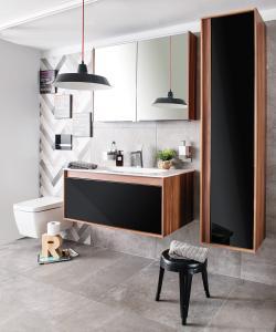 VitrA Metropole Lavabo Dolabı — 100 cm, bir çekmeceli mineral döküm lavabolu, erik, siyah akrilik cam