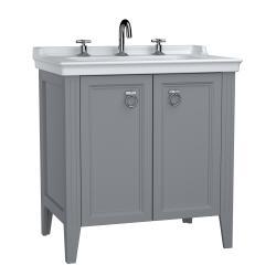 VitrA Valarte Lavabo Dolabı — 80 cm, iki kapaklı etajerli lavabolu, üç armatür delikli, mat gri