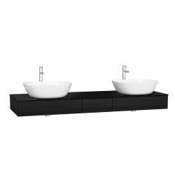 VitrA Origin Tezgah Ünitesi — 150 cm, üç çekmeceli çift sifon delikli, hareli siyah meşe