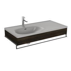 VitrA Equal Lavabo Dolabı — 100 cm asimetrik gri lavabolu, havluluklu, karaağaç